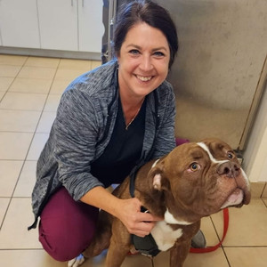 Vet staff holding a puppy